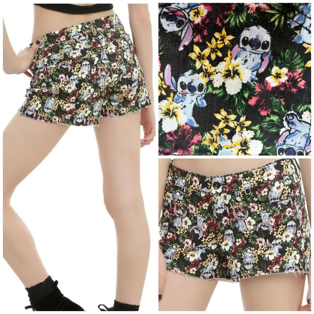 Y2k Hot Topic Disney Lilo & Stitch‎ Jean Shorts 7 Cut Off Black Floral New 6 vtg
